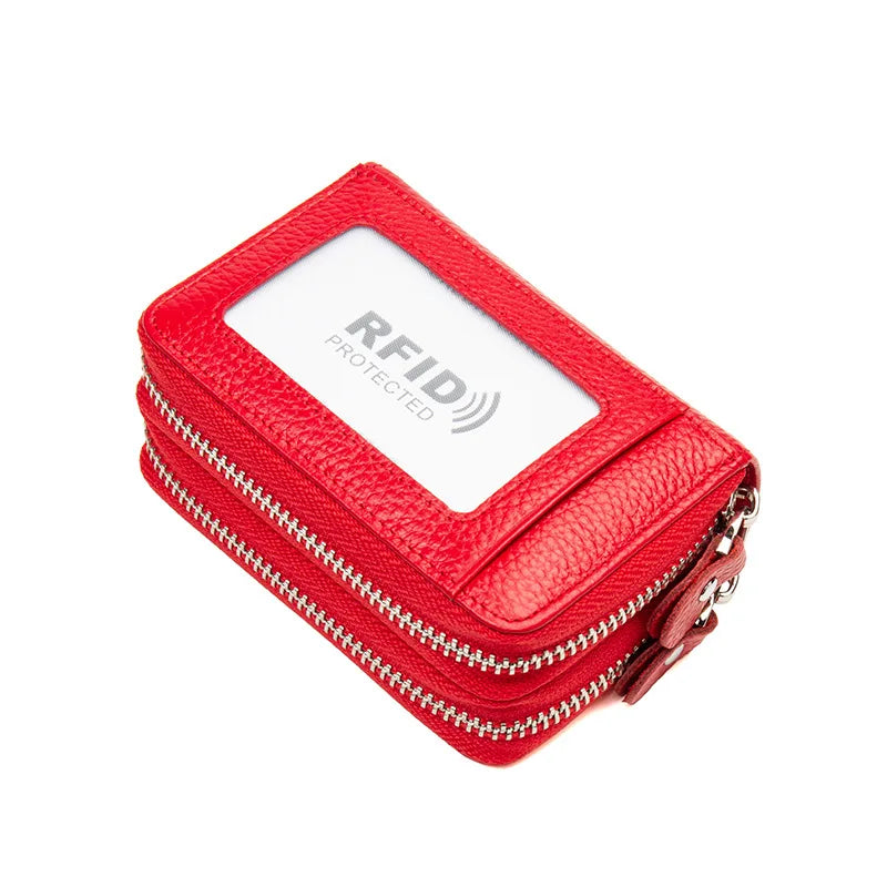RFID Blocking Fashion Women Card Holder Genuine Leather Double Zipper Large Capacity Female Wallet Purse | Kimlud Mid...