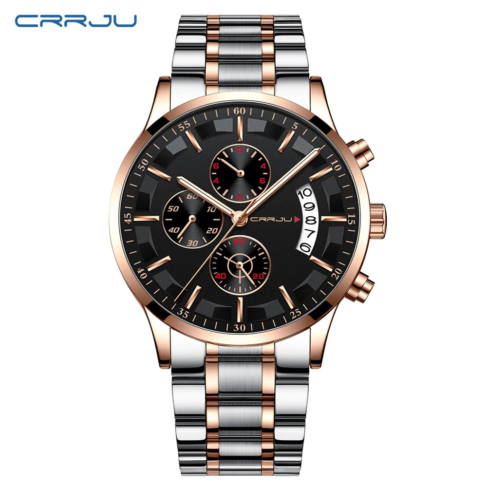 CRRJU 2261 Hot Sell Chinese Gents Quartz Watch clear Steel Strap Luminous Chronometer Calender Outdoor Hand Watch