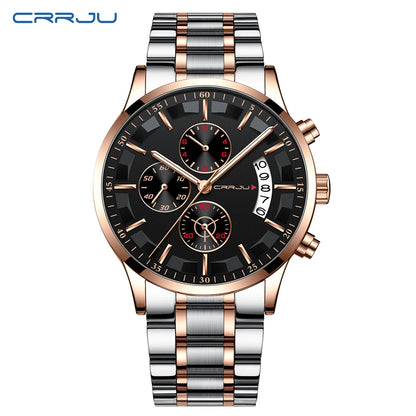 CRRJU 2261 Hot Sell Chinese Gents Quartz Watch clear Steel Strap Luminous Chronometer Calender Outdoor Hand Watch