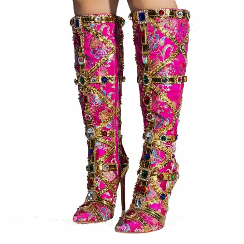 Retro Fashion Botas De Cano Alto Pencil Heel Shoes Knee High Luxury Boots for Women