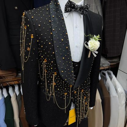 Handmade Rhinestone Beaded Men 3 Piece Suits Luxury Wedding Groom Wear Slim Fit Single Breasted Tuxedo Jacket Vest Pants Set - Kimlud
