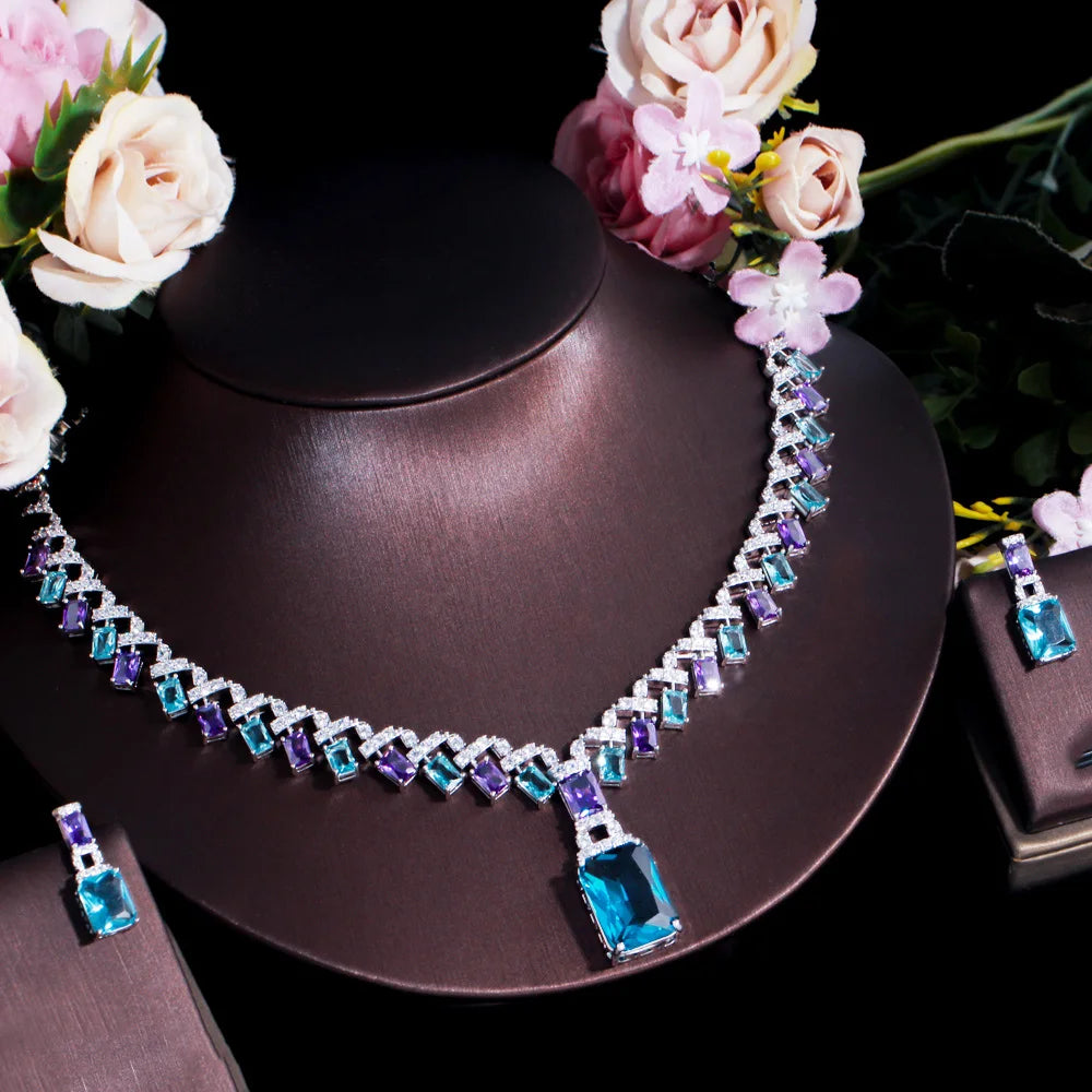 CWWZircons Beautiful Purple Blue Cubic Zircon Crystal Dangle Drop Bridal Wedding Necklace Party Jewelry Sets for Women...