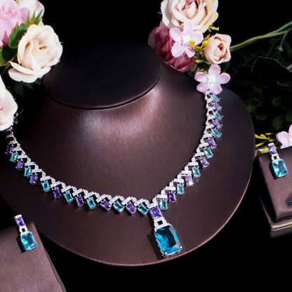 CWWZircons Beautiful Purple Blue Cubic Zircon Crystal Dangle Drop Bridal Wedding Necklace Party Jewelry Sets for Women...