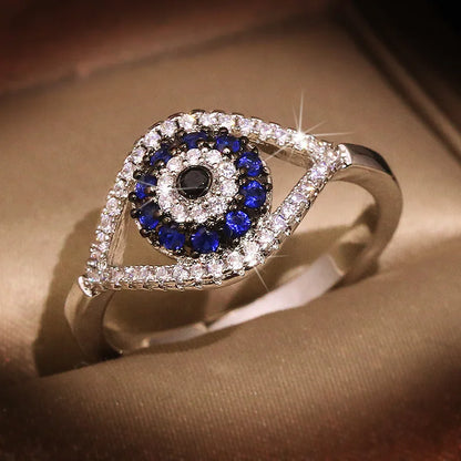 Punk Female Blue Crystal Stone Ring Charm Zircon Silver Color Wedding Rings For Women Dainty Evil Eye Hollow Engagement Ring