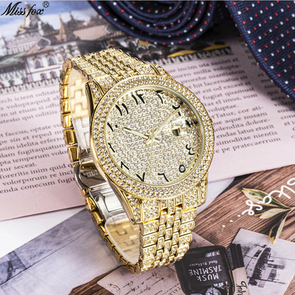 Quality Arabic Scale Quartz Watch With Diamond Bling Ice Out Calendar Watch for Men Waterproof Hand Clock Hip Hop Stylish Clock