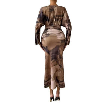 V-neck Pleated Bodycon Dress Women Sexy Slim Fit Long Sleeve Long Party Dresses for Women Wrap Guangzhou Female Dress