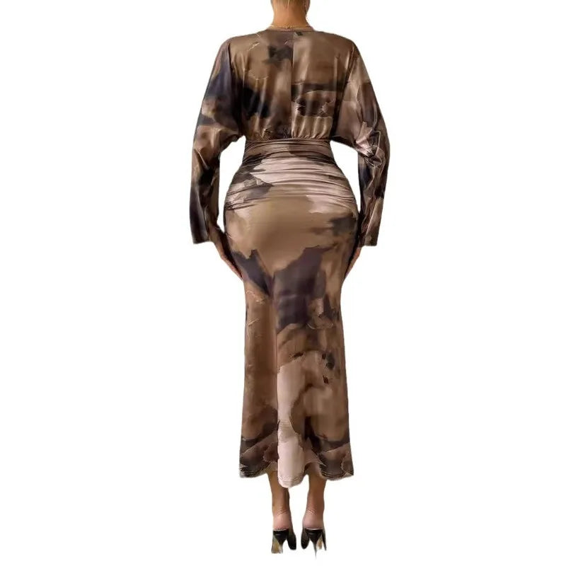 V-neck Pleated Bodycon Dress Women Sexy Slim Fit Long Sleeve Long Party Dresses for Women Wrap Guangzhou Female Dress