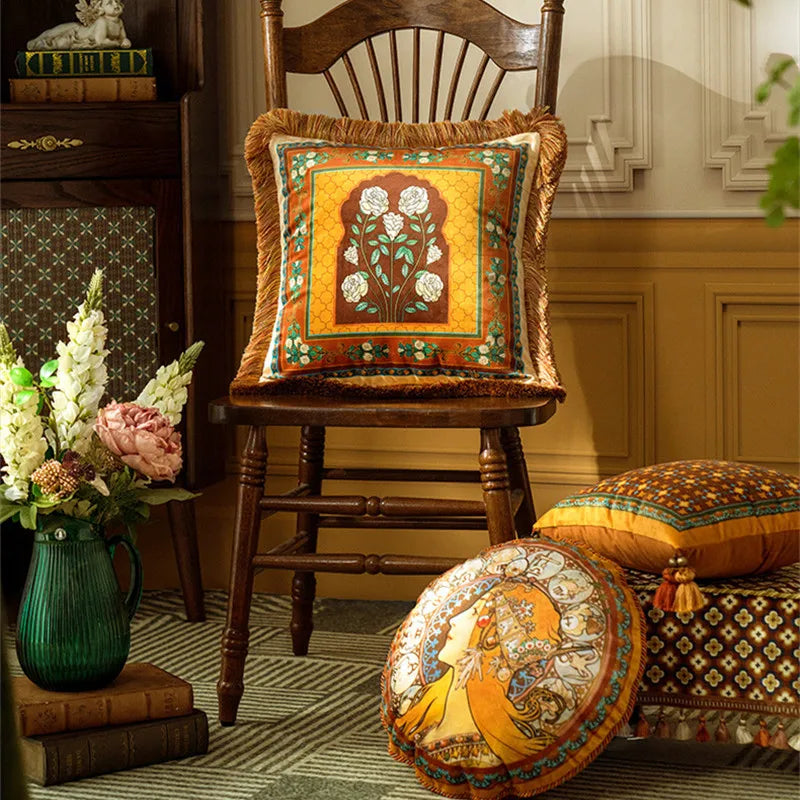 Throw Velvet Cushion Cover with Heavy Tassel,Vintage Home Decoration,Luxurious Pillowcase,Camelli Alphonse Maria Mucha...