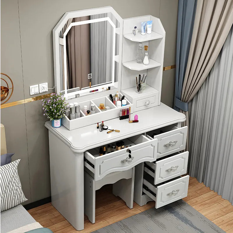 Girls White and Pink Modern Wooden Storage Simple Cheap Make up Dresser Tables Set Vanity Desk With Mirror - Kimlud