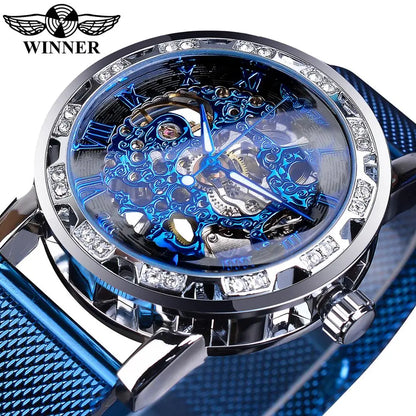 Winner Golden Watches Men Skeleton Mechanical Watch Crystal Mesh Slim Stainless Steel Band Top Brand Luxury Hand Wind Wristwatch