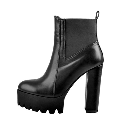 Onlymaker Women Platform Round Toe Black Matten Ankle Booties Thick High Heel Plus Size Handmade Winter Boots