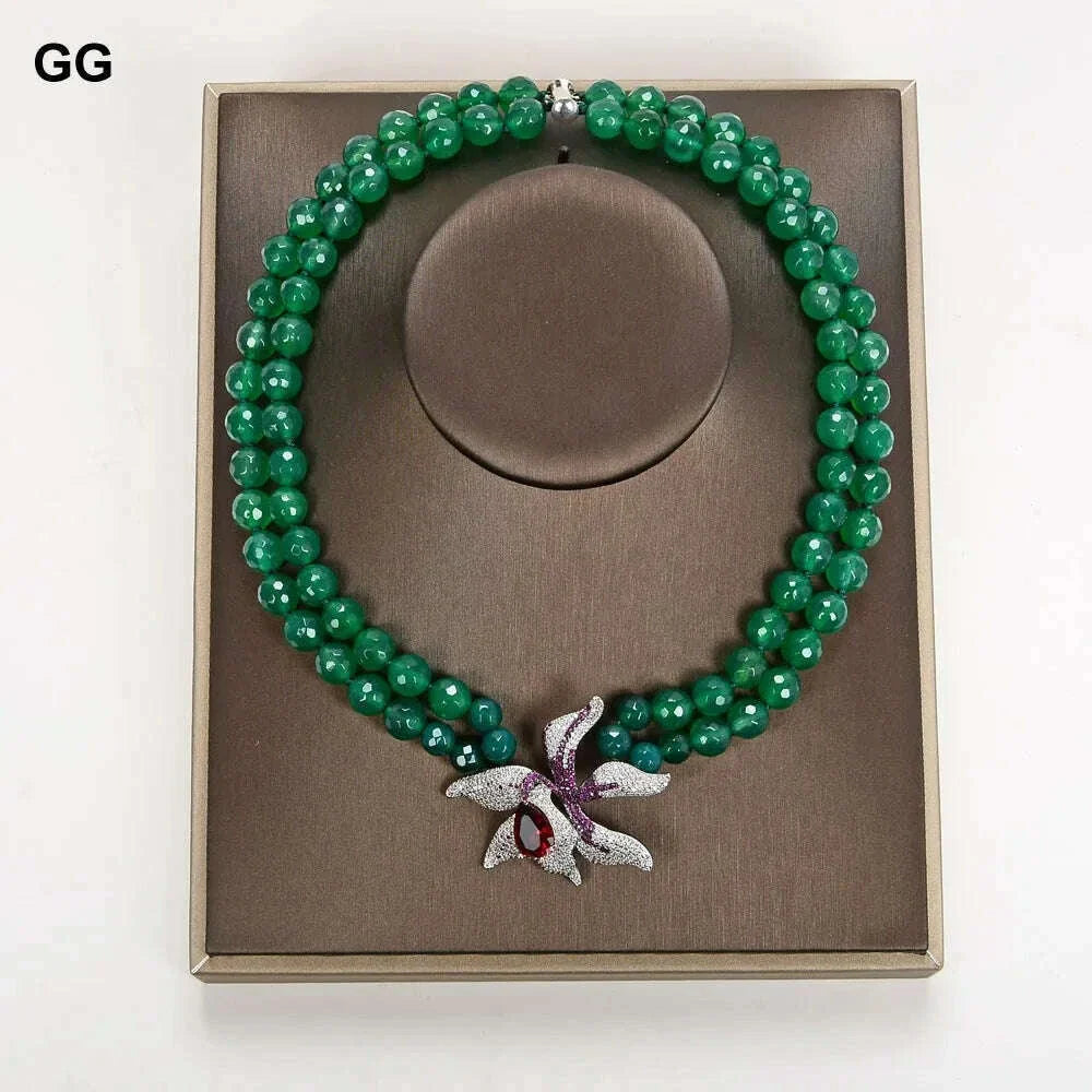 GuaiGuai Jewelry 18"-19'' 2 Rows Green Round Agates Necklace Red Crystal CZ Flower Pendant For Women