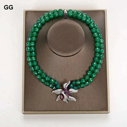 GuaiGuai Jewelry 18"-19'' 2 Rows Green Round Agates Necklace Red Crystal CZ Flower Pendant For Women