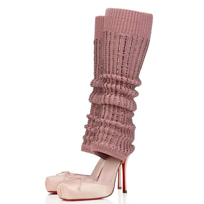 Diamonds Knitting Upper Summer High Heels Shoes Front Bow Square Toe Knee High Boots Pleated Stretchy Cut Out Socks Sandals