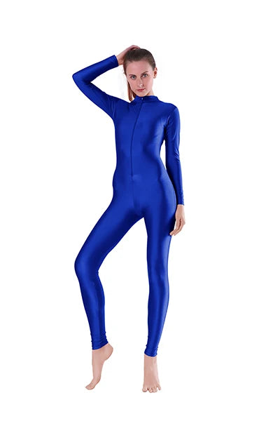 Aoylisey Women Long Sleeve Mock Neck Unitard Front Zip V-Neck Ballet Jumpsuit Dancewear Gymnastics Zentai Halloween Costume