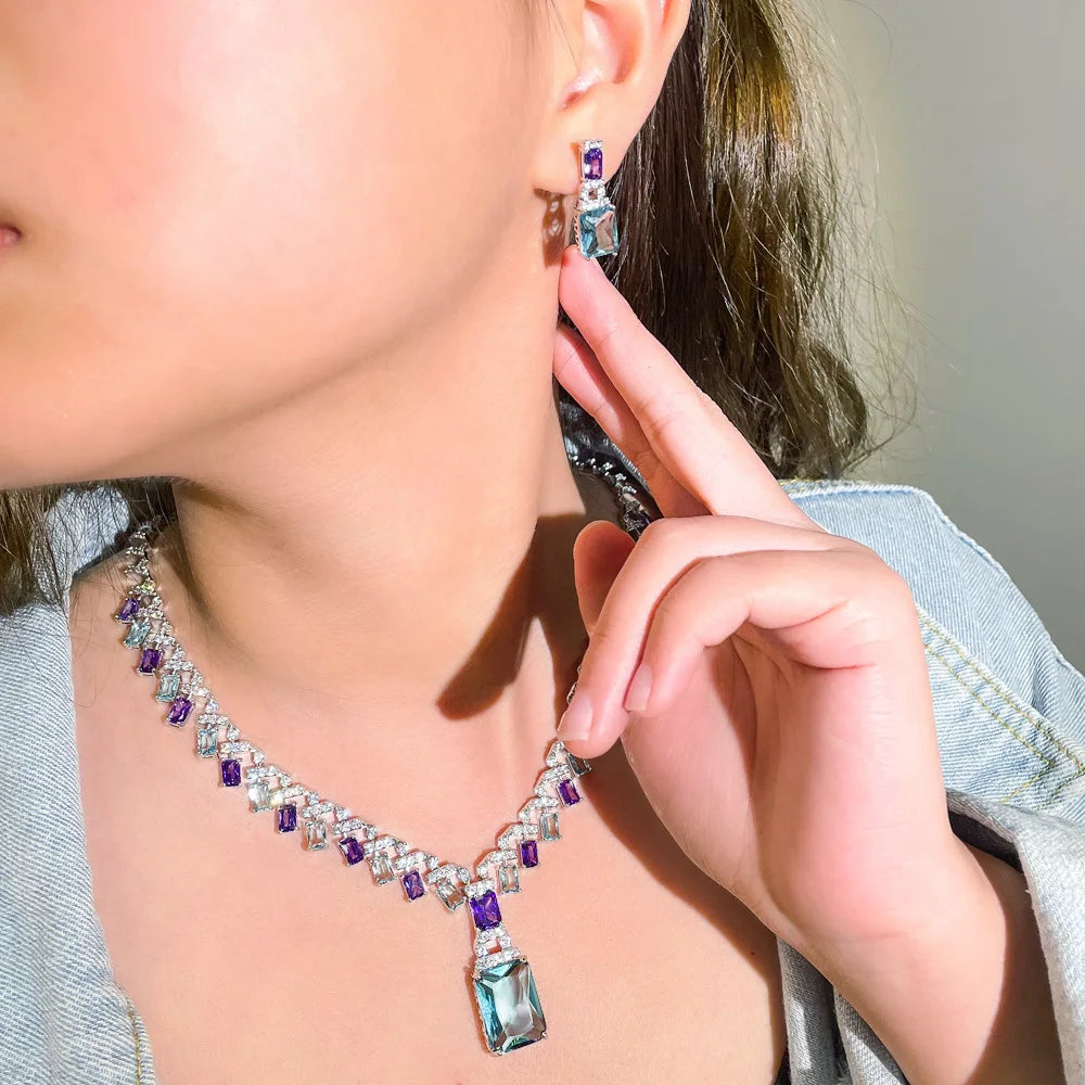 CWWZircons Beautiful Purple Blue Cubic Zircon Crystal Dangle Drop Bridal Wedding Necklace Party Jewelry Sets for Women...