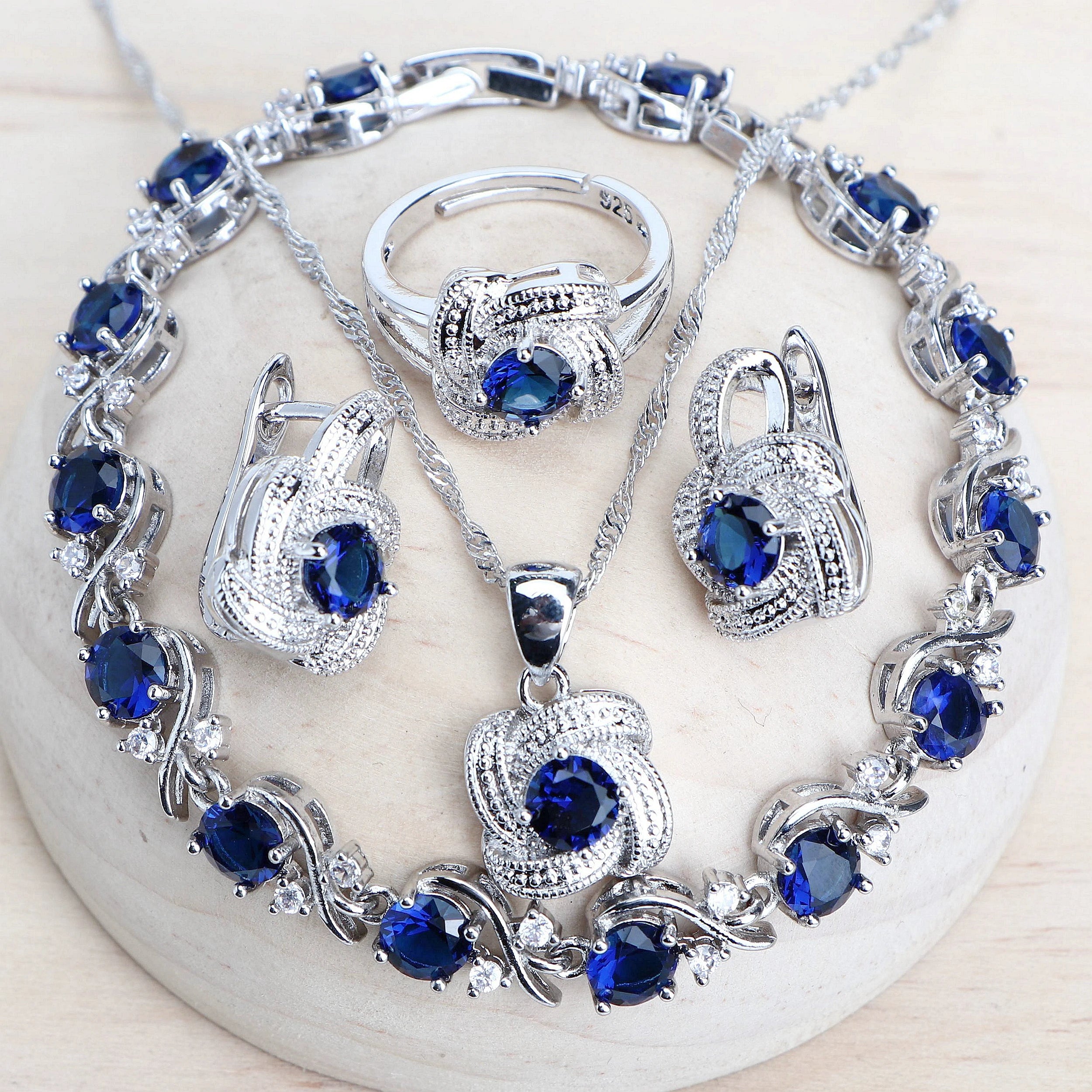 Blue Zirconia Women Jewelry Sets 925 Sterling Silver Wedding Bridal Costume Jewellery Earrings Rings Bracelets Pendant...