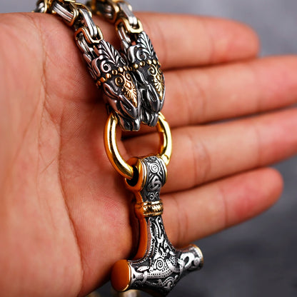 [316L Stainless Steel] 2021 New Nordic Fashion Domineering Viking Dragon Thor's Hammer Pendant Men's Necklace Jewelry Gift
