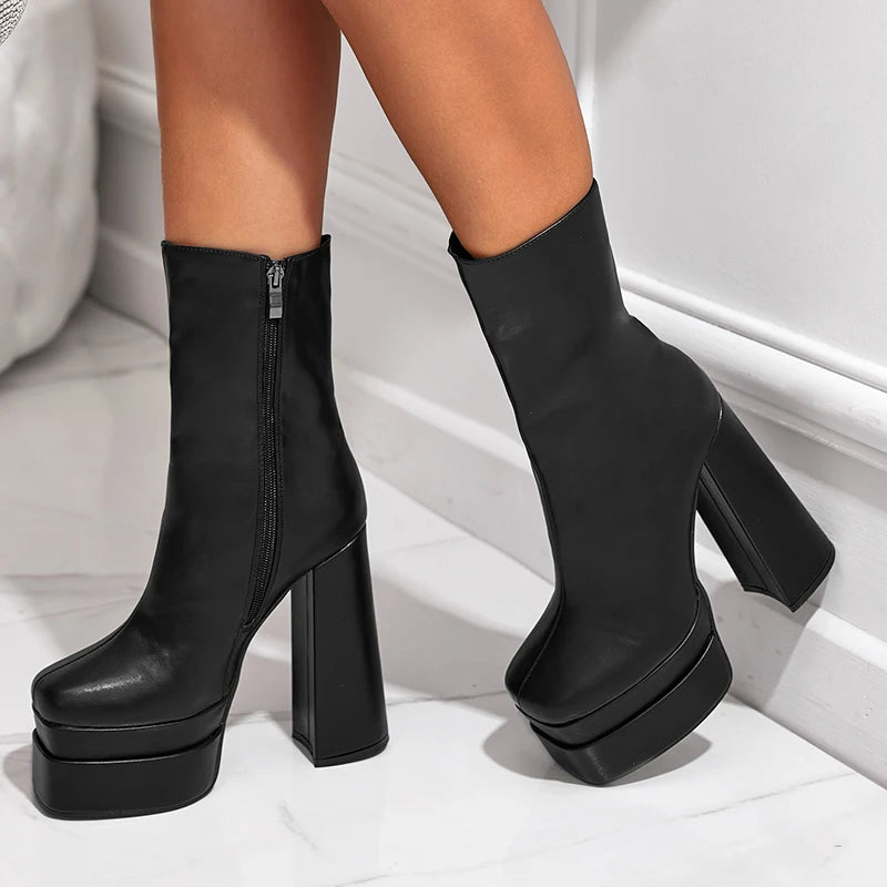2023 Spot Supply Fashion Thick Heel Waterproof Platform Heightened Nude Boots Comfortable High Heel Ankle Boots | Kimlud...
