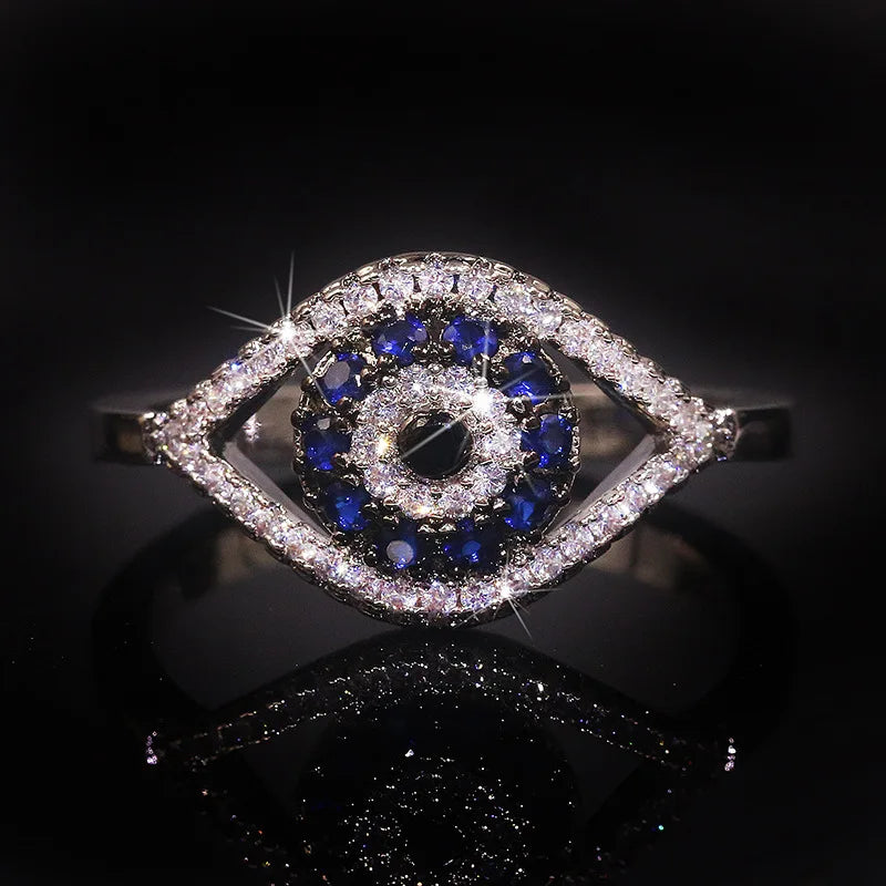 Punk Female Blue Crystal Stone Ring Charm Zircon Silver Color Wedding Rings For Women Dainty Evil Eye Hollow Engagement Ring