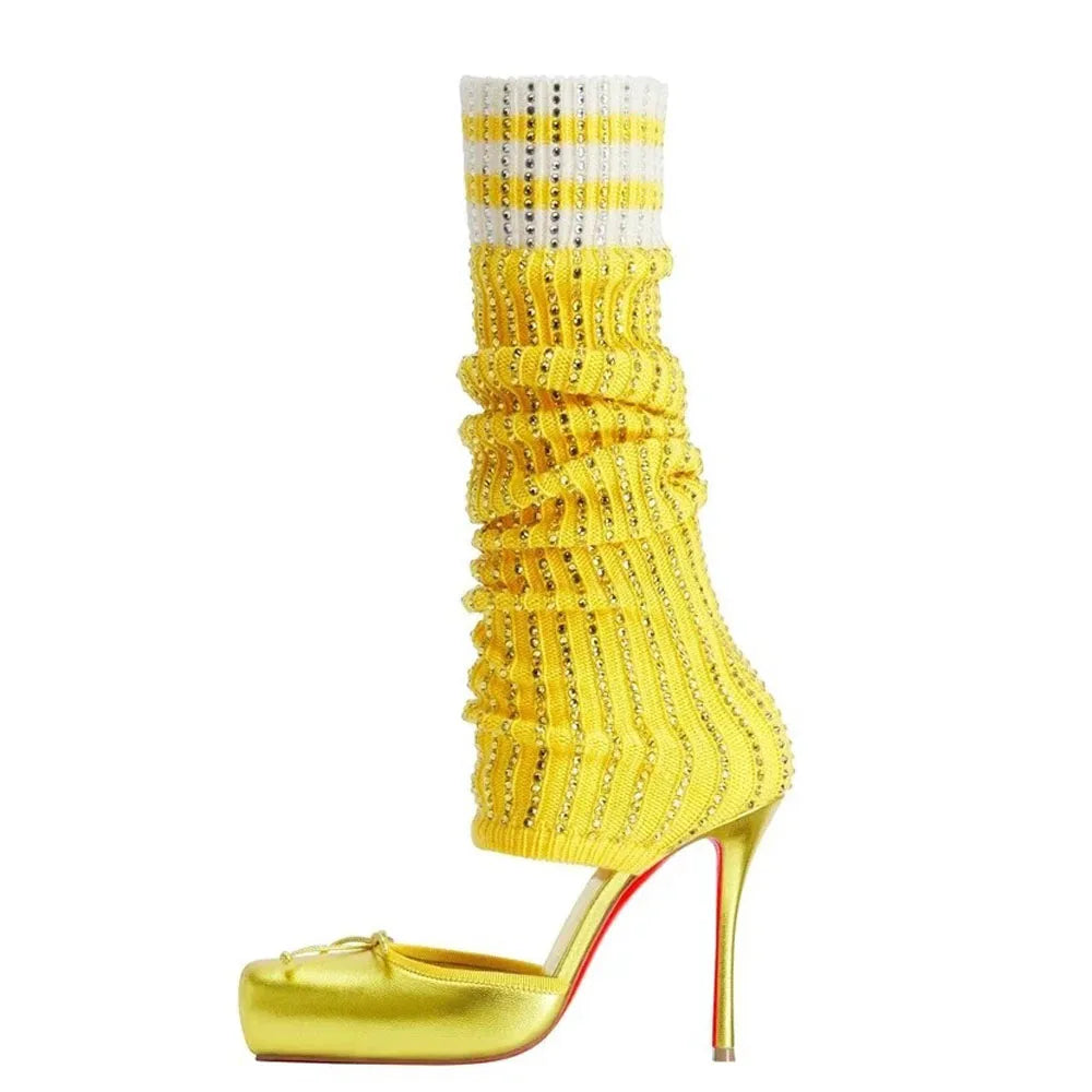 Diamonds Knitting Upper Summer High Heels Shoes Front Bow Square Toe Knee High Boots Pleated Stretchy Cut Out Socks Sandals