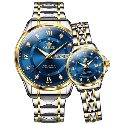 Luxury Unisex Olevs Stainless Steel Quartz Waterproof Couple Watch for Lovers