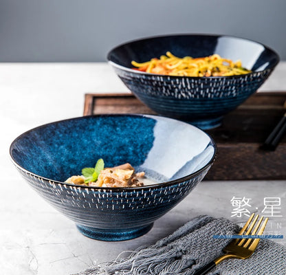 Blue Ceramic Bowl Noodle Bowl Large Soup Bowls Fruit Plate and Salad Bowl Dinner Plate Dessert Bowls Dish Decorative...