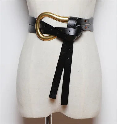 NEW Genuine Leather double Belts Luxury Metal U Buckle belt women girls retro vintage large belt for coat jeans black white