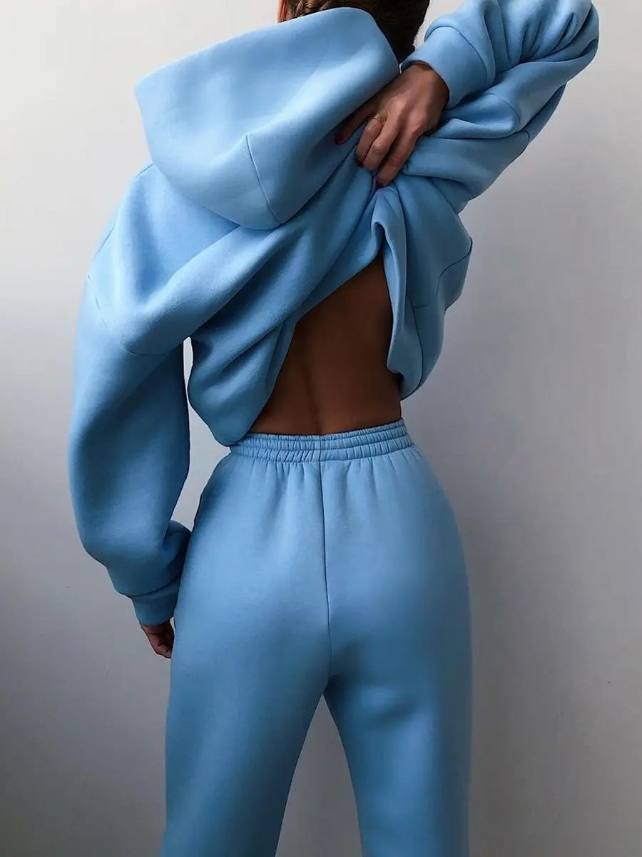 Women's Tracksuit Casual Solid Long Sleeve Hooded Sport Suits Autumn Warm Hoodie Sweatshirts and Long Pant Fleece Two Piece Sets - Kimlud
