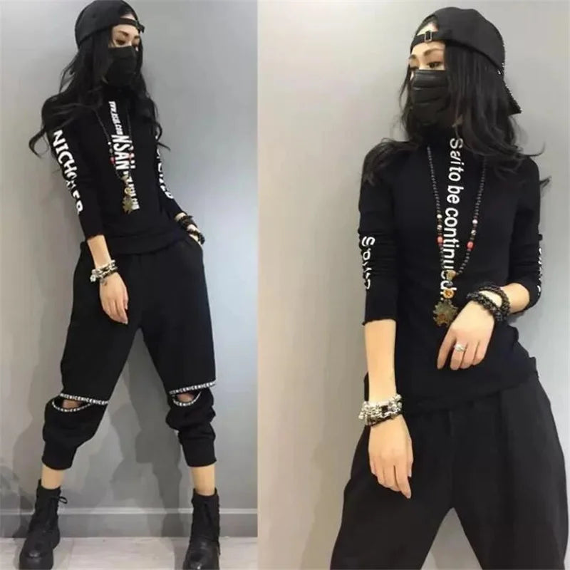 Mid-high-neck Bottoming T-shirt Elastic Inner Ride Femme Tee Tops autumn winter warm letter printing Streetwear Women's T-shirts
