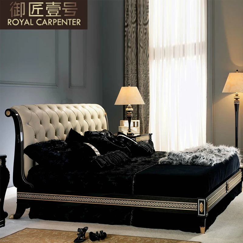 European Style Solid Wood 1.8m Double Bed Carved Princess Design Leather Bed for Master Bedroom Genuine Leather Soft Wedding Bed - Kimlud