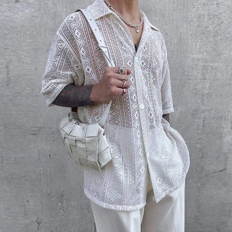 2023 Fashion Men Shirt Mesh Lace Transparent Streetwear Lapel Short Sleeve Button Camisas Party Sexy Men Clothing S-5XL...
