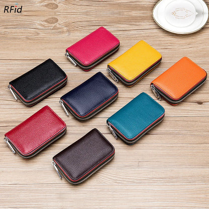 Genuine Leather Men Women Card Holder Small Zipper Wallet Solid Coin Purse Accordion Design rfid ID Business Credit Card Bags