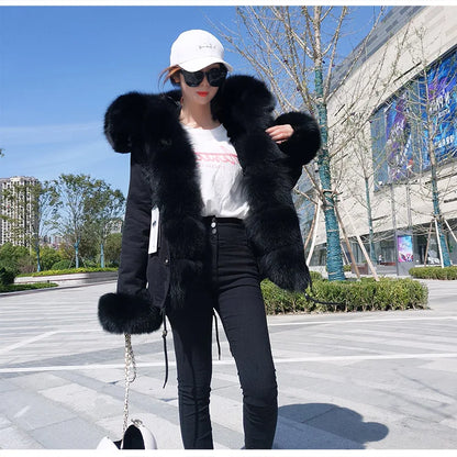 MAOMAOKONG 2025 Real Fur Coat New Fashion Fox Fur Collar Winter Women's clothing Removable Lining Thickened Jacket Short Parka