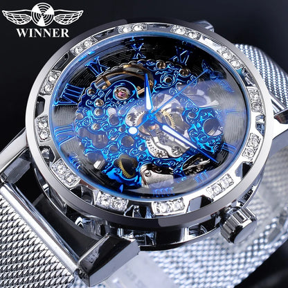 Winner Golden Watches Men Skeleton Mechanical Watch Crystal Mesh Slim Stainless Steel Band Top Brand Luxury Hand Wind Wristwatch