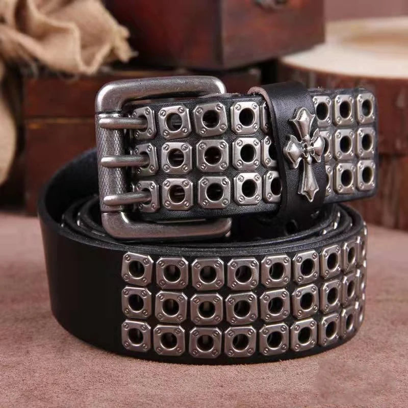 Studded Heavy Metal Style Belt Handmade Leather Pank Rock Style Men's Belt Cowhide Retro Tactical belt Jeans Belt - Kimlud