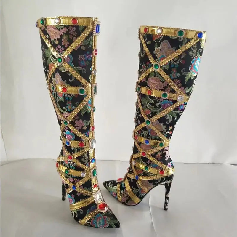 Retro Fashion Botas De Cano Alto Pencil Heel Shoes Knee High Luxury Boots for Women