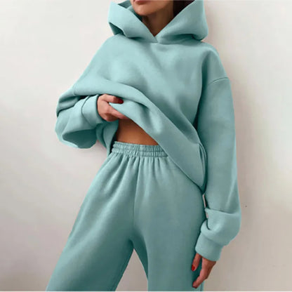 2 Pieces Set Women New Fashion Leisure Autumn Winter Pure Color Fleece Hooded two-piece Sports Suits Dropshipping LKX21660