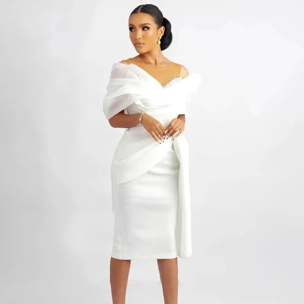 2026 New Reception Off Shoulder White Bridal Gowns Sheath Knee Length Vestidos De Novia Short Wedding Dresses MW658