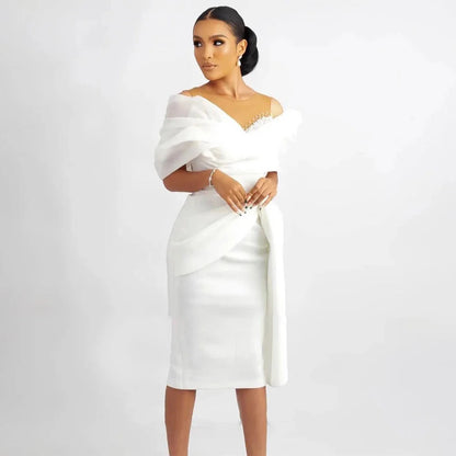 2026 New Reception Off Shoulder White Bridal Gowns Sheath Knee Length Vestidos De Novia Short Wedding Dresses MW658