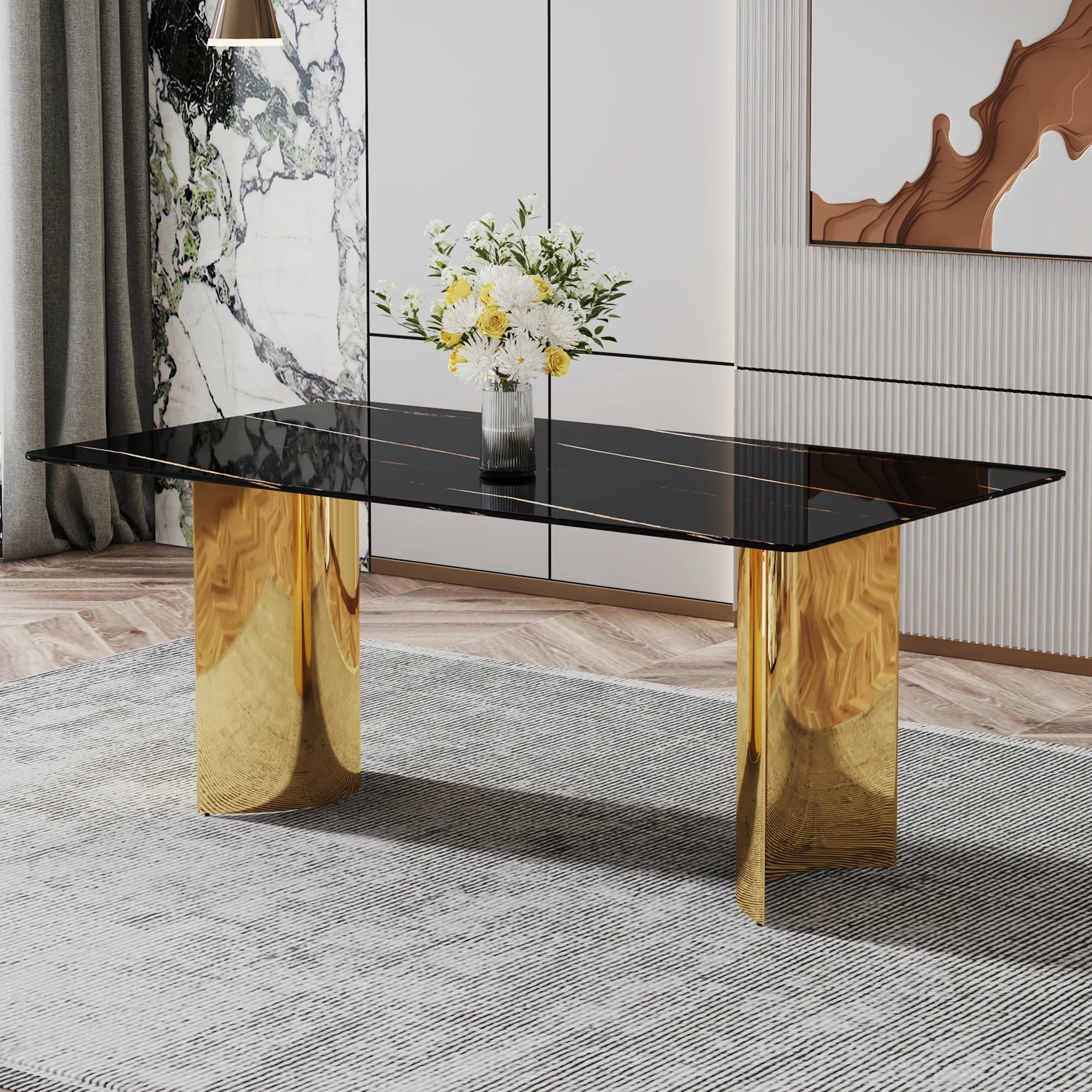 Modern Minimalist Square Dining Table with Black Patterned Glass Top Golden Metal Legs for Home Furniture Apartments...
