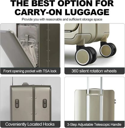 20-inch Front-Opening Grey PC Carry-On Suitcase with TSA Lock Lightweight Durable Luggage for Business Travel & Personal...