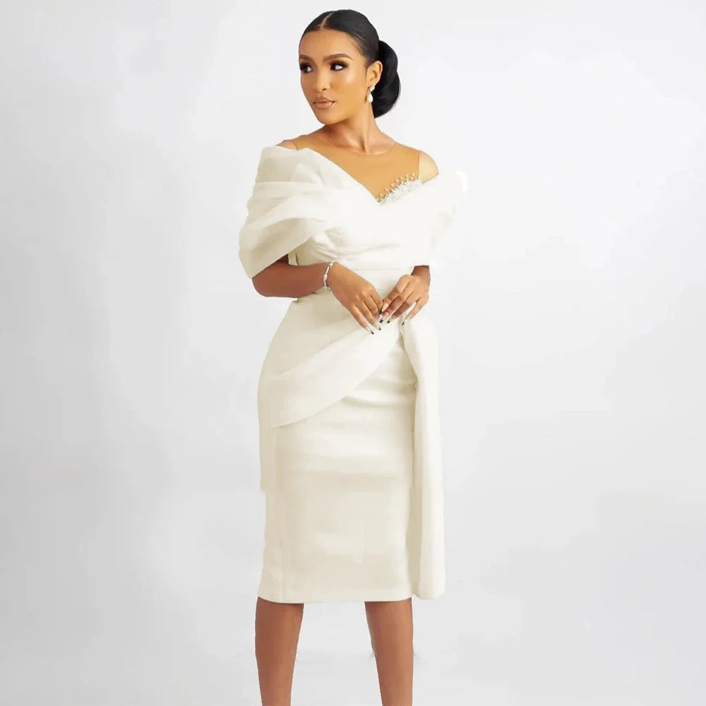 2026 New Reception Off Shoulder White Bridal Gowns Sheath Knee Length Vestidos De Novia Short Wedding Dresses MW658