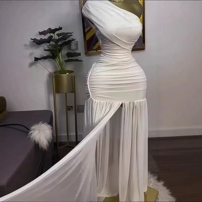 Guangzhou FTS 1688 Agent One-Stop Sourcing One Shoulder Ruched Split Maxi Evening Dress Wholesale 1688.com QC Consolidation