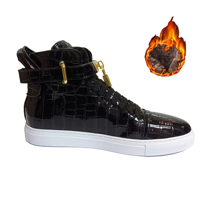 Luxury Designer Men Crocodile Pattern High Top Sneakers Glossy Patent Leather Gold Buckle Lace-up Casual Street Shoes Footwear