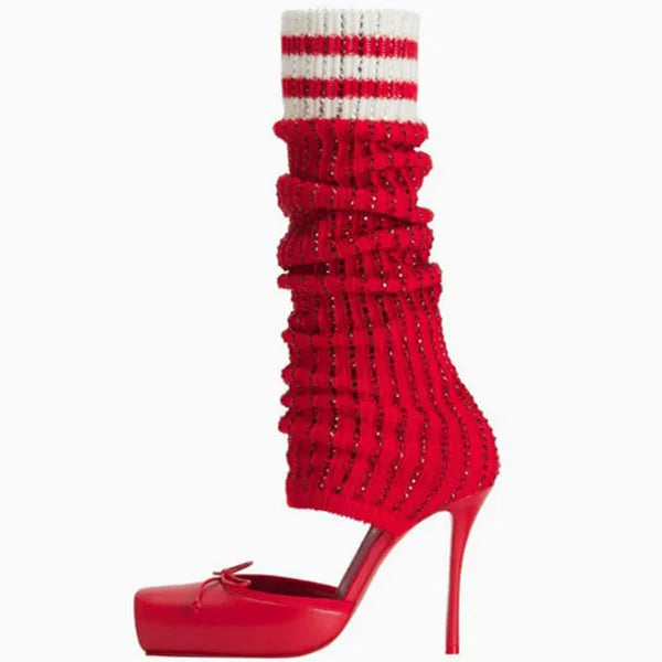 Diamonds Knitting Upper Summer High Heels Shoes Front Bow Square Toe Knee High Boots Pleated Stretchy Cut Out Socks Sandals