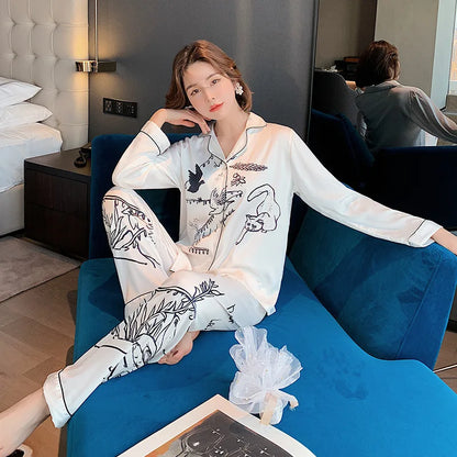 QSROCIO Women's Pajamas Set Luxury Style Fashion Natural Animal Graffiti Sleepwear Silk Like Leisure Home Clothes...