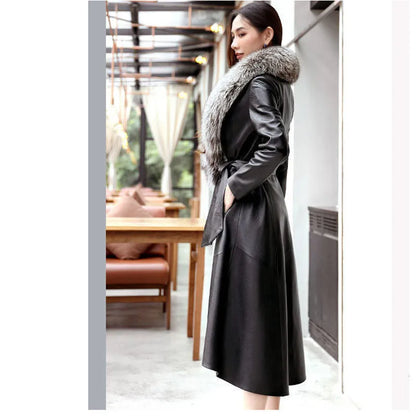2025 New Women's PU Leather Jacket For Spring Autumn Slim Big Fur Collar Long Leather Coat Female Loose Leather Outerwear 7XL