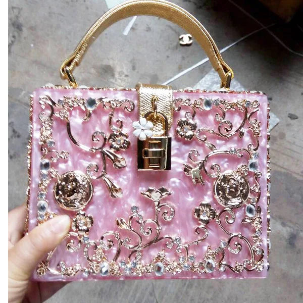 Box Designer evening bag diamond flower Clutch Bag hollow relief Acrylic luxury handbag banquet party purse women's Shoulder bag