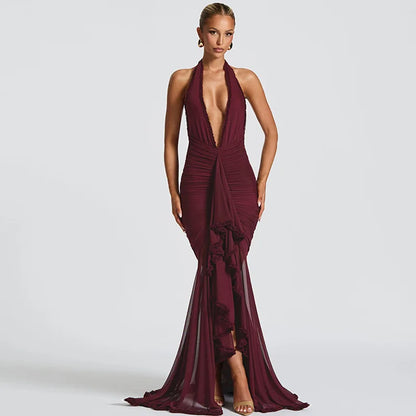 Elegant High-End Flowy Tulle Maxi Evening Gown with Ultra-Deep V-Neck & Backless Design Sexy Allure